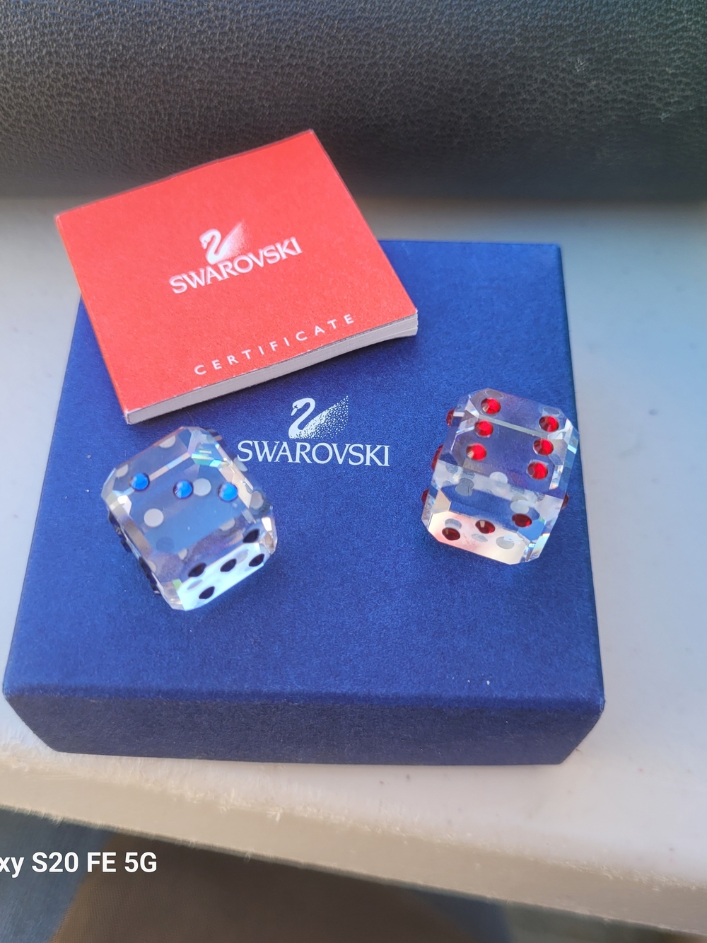 Swarovski Crystal Dice Pair - Clear with Blue & Red Pips